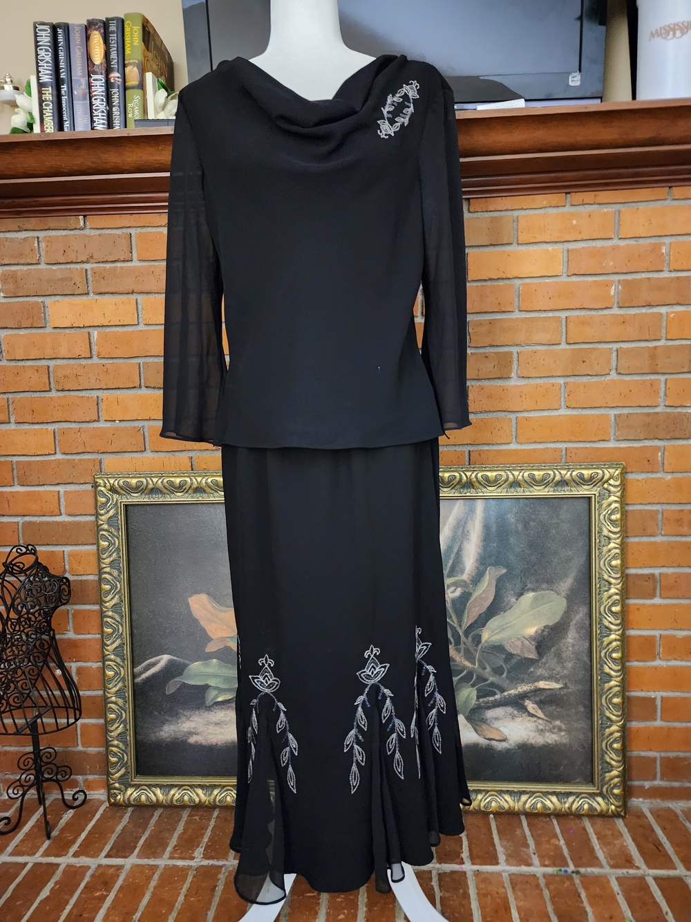 R & M Richards Black Embroidered Maxi Skirt & Top Set Size 12